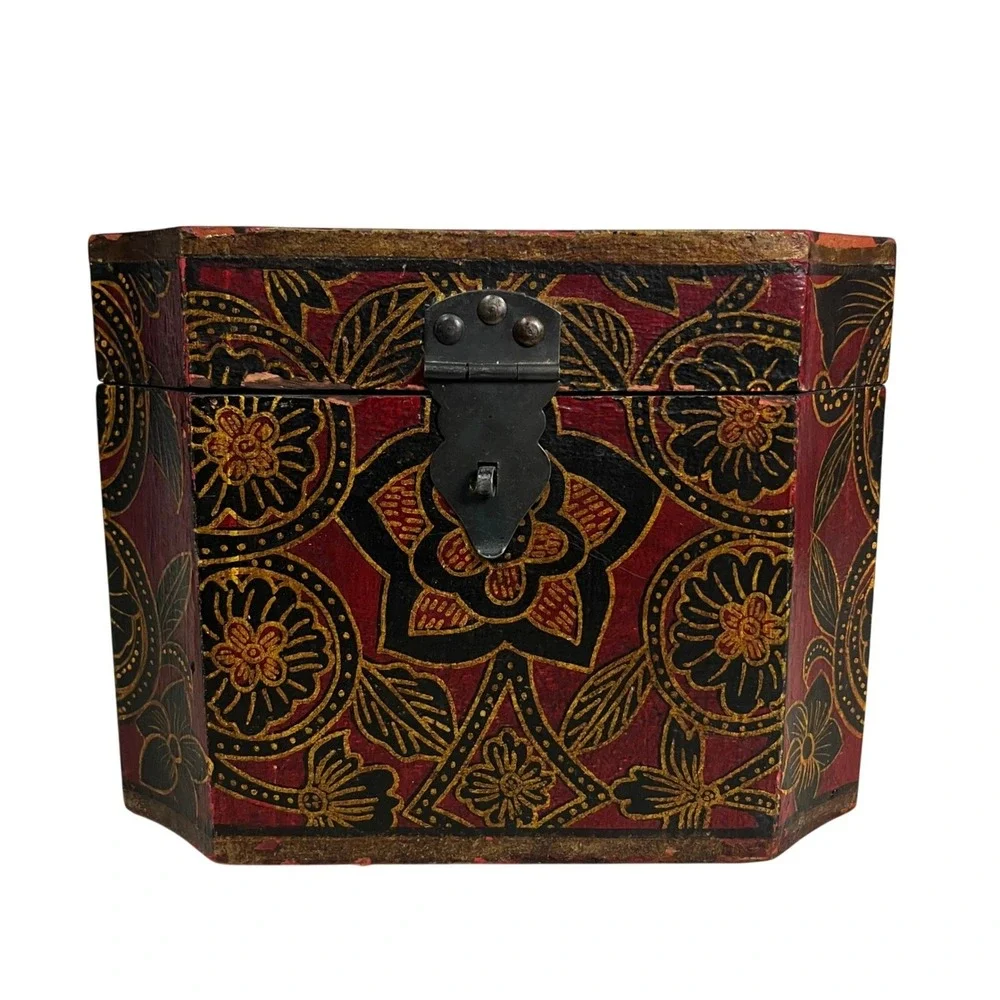 Vintage Hand Painted Wooden Octagonal Jewelry Box Red Black Gold Floral Folk Art